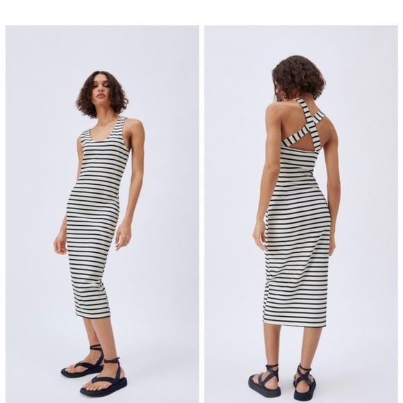 NWOT zara womens summer black and white striped cross back dress - Picture 2 of 13
